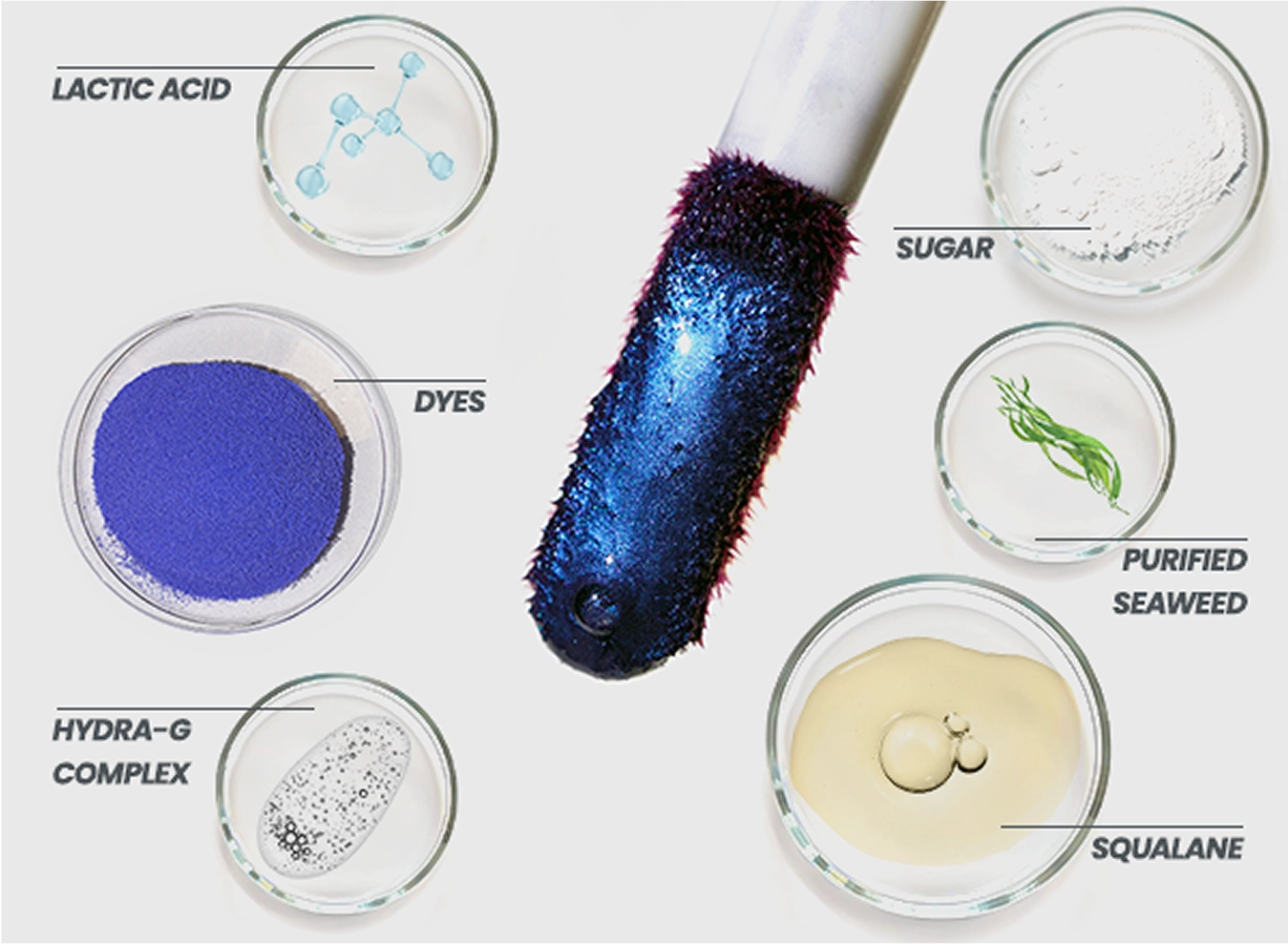 Lip masque ingredients in petri dishes: lactic acid, dyes, sugar, purified seaweed, squalane and a blue glitter wand