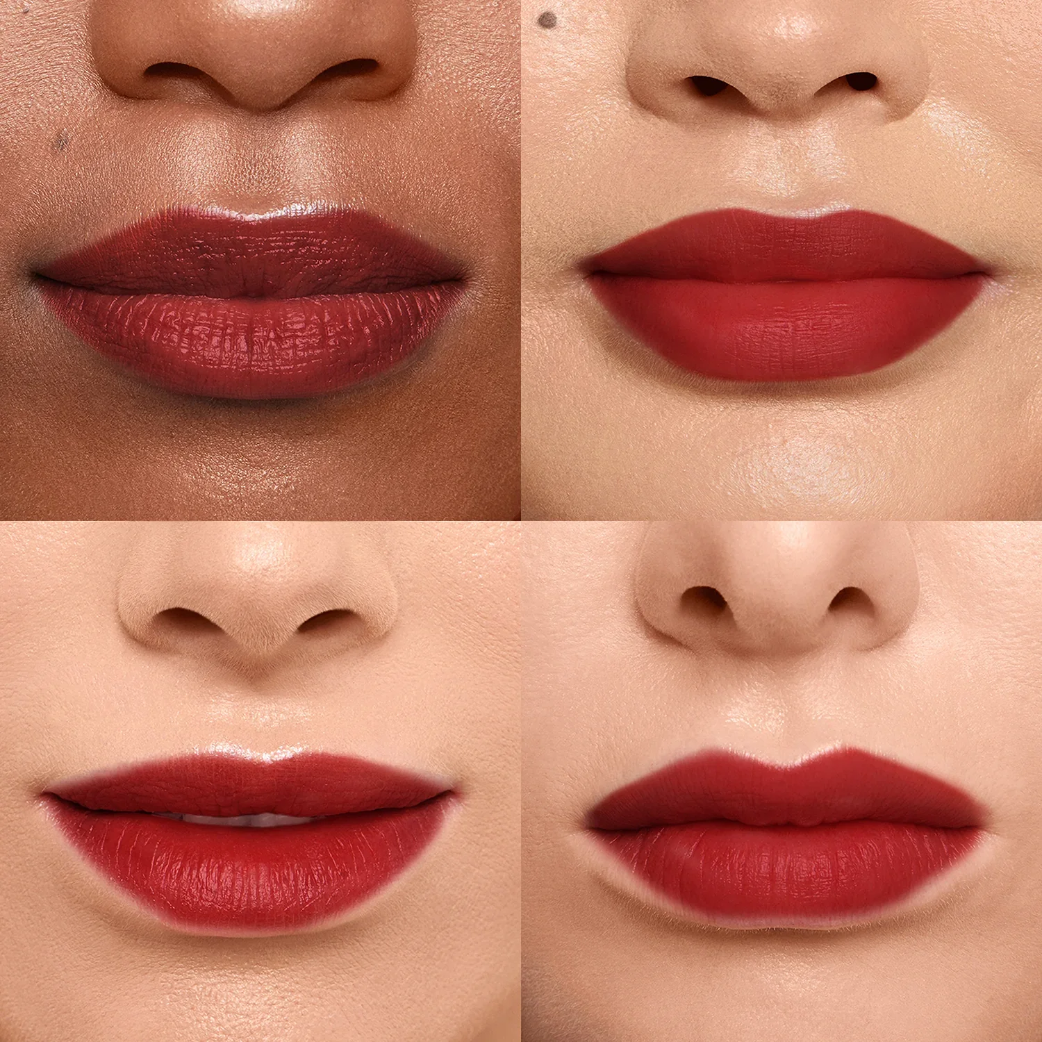 Four close-up views of lips in a deep red lip stain