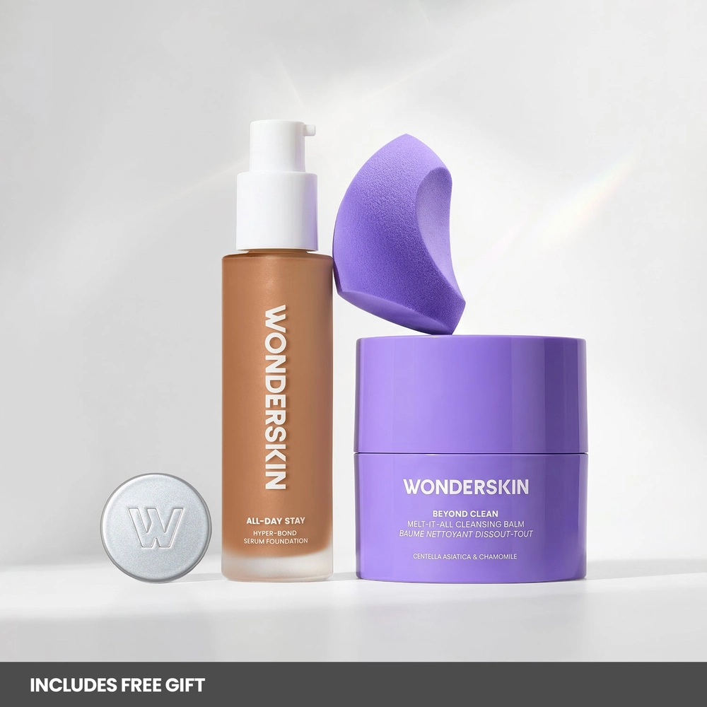 Foundation bottle, blending sponge and cleansing balm jar